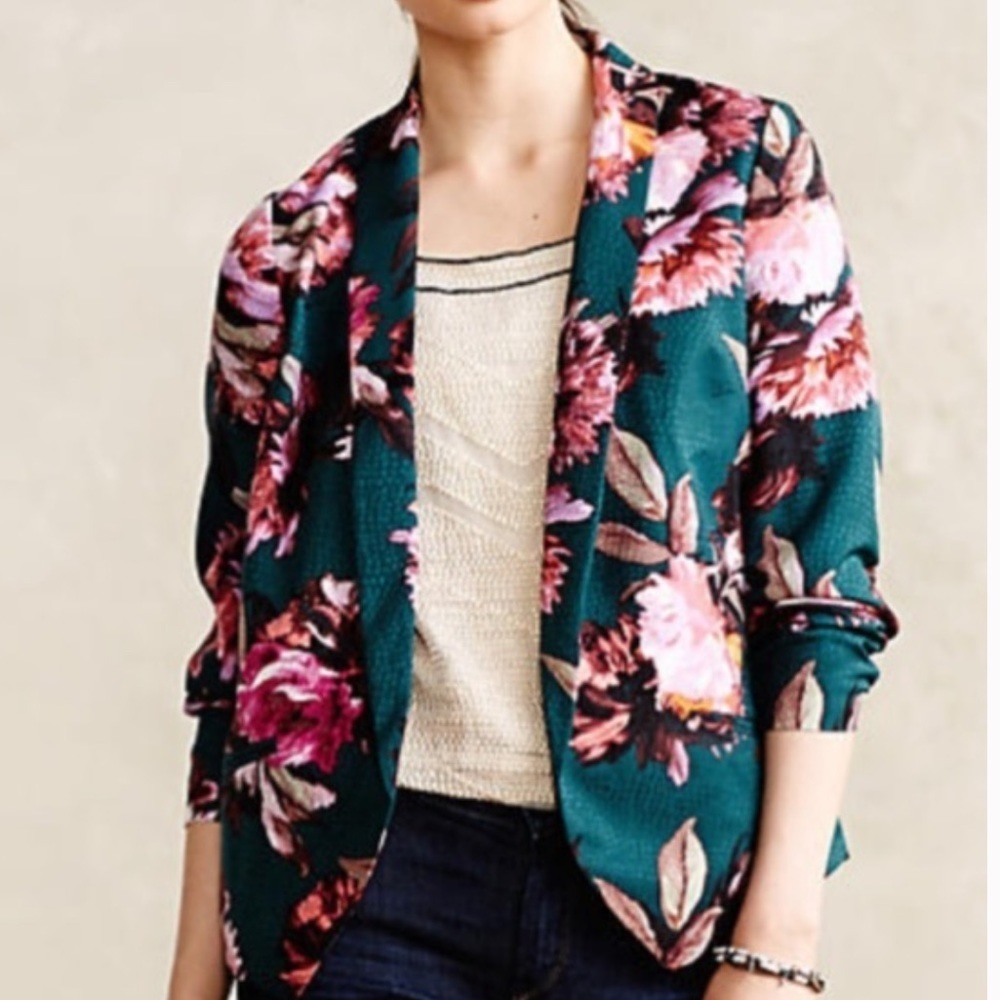 Anthropologie Floral Teal Jacket